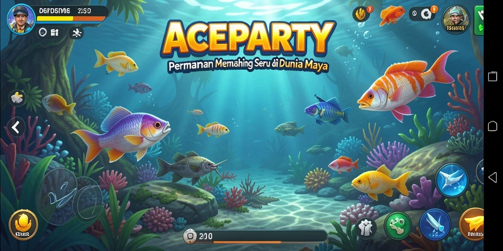 Tampilan gameplay ACEPARTY saat memancing di danau yang indah.