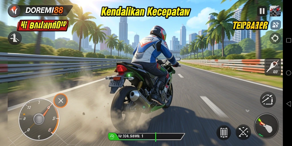 Tampilan gameplay seru DOREMI88 saat balapan motor.
