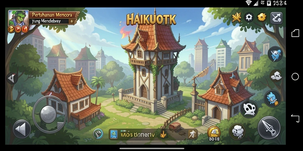 Gameplay HAIKUOTK menampilkan serangan menara melawan gelombang musuh.