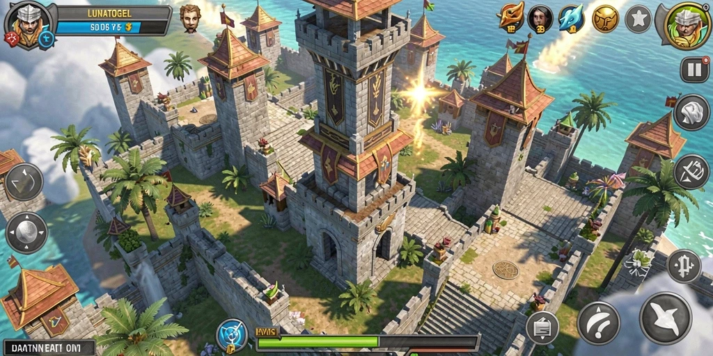 Screenshot gameplay LUNATOGEL menampilkan aksi menara bertahan melawan musuh.