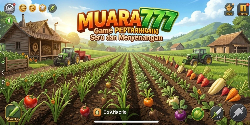 Tampilan gameplay seru dalam MUARA777 yang menampilkan kebun hijau dan hewan ternak.