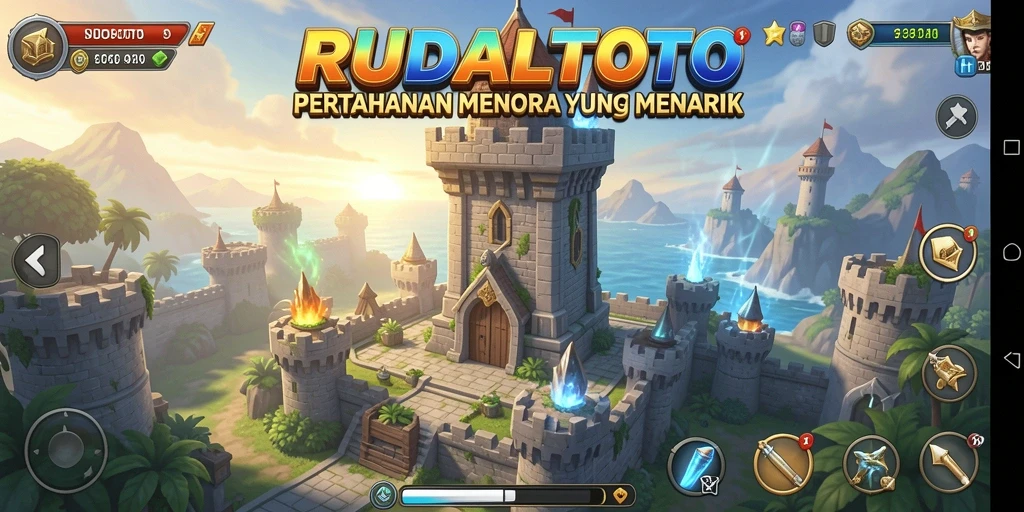 Screenshot RUDALTOTO menampilkan menara yang beraksi melawan gelombang musuh.