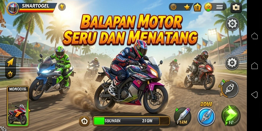 Screenshot dari gameplay SINARTOGEL yang menunjukkan aksi balapan motor yang mendebarkan.