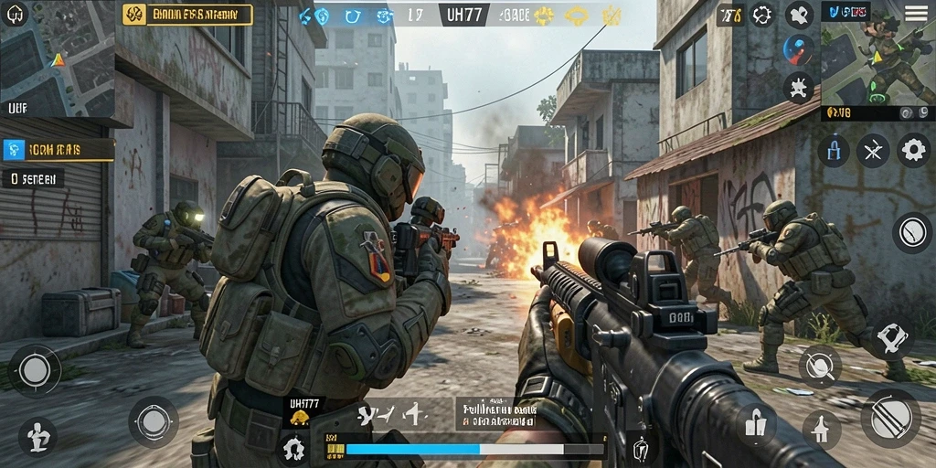 Screenshot gameplay UH77 dengan aksi tembak-menembak yang intens.